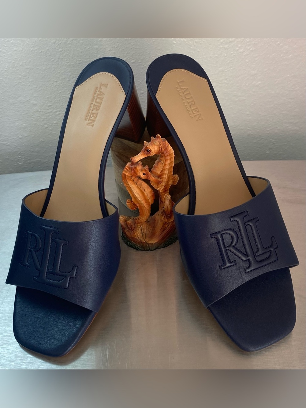 RALPH LAUREN NAVY LEATHER BLOCK HEEL MULES-NEW - Picture 11 of 15